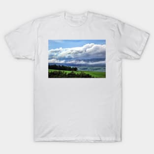 Cloud rolling over the distant mountains of the Trossachs, Scotland T-Shirt